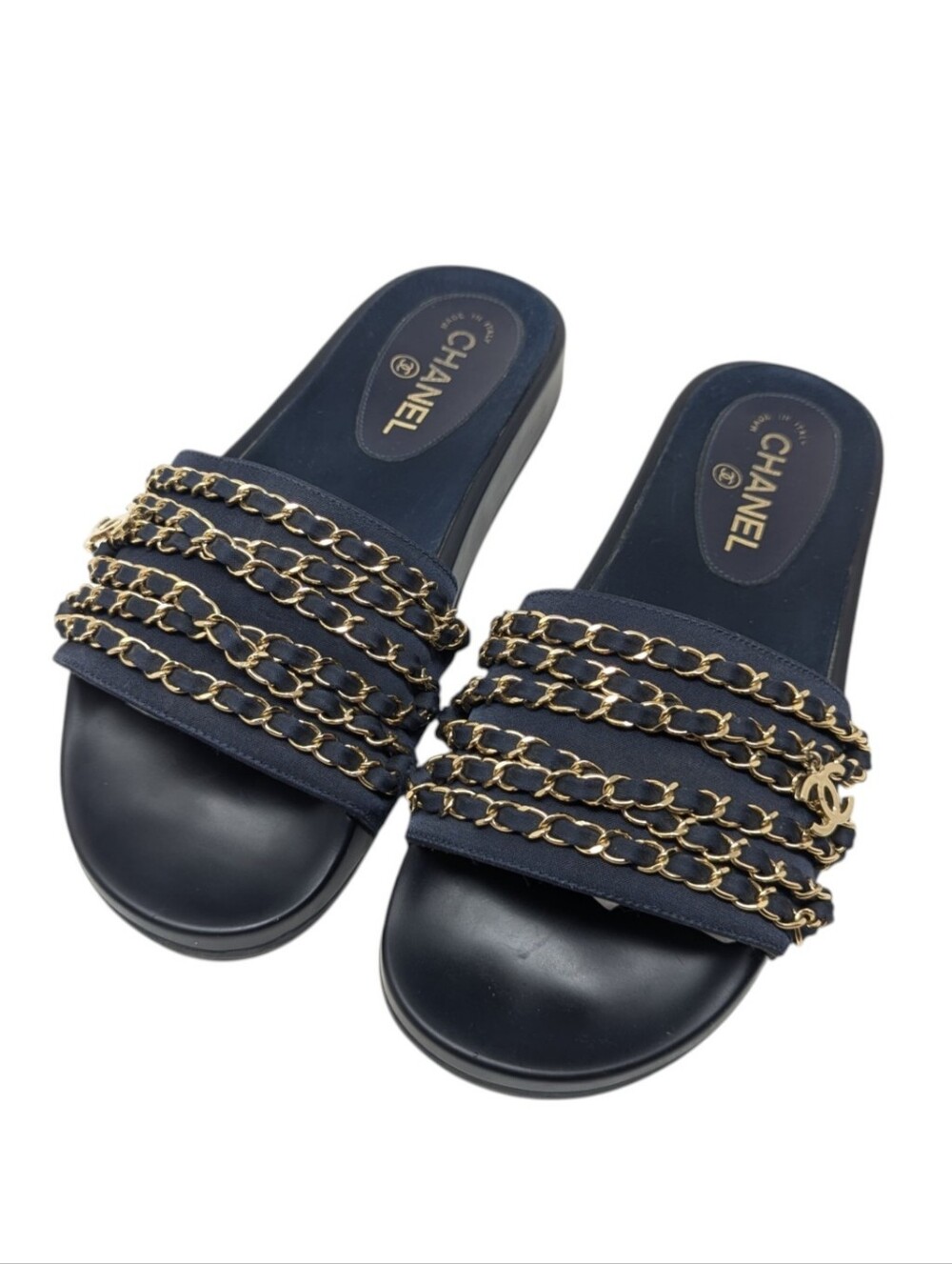 Chanel Blue Chain Interlocking CC Charm Slide Sandals Size EU 39